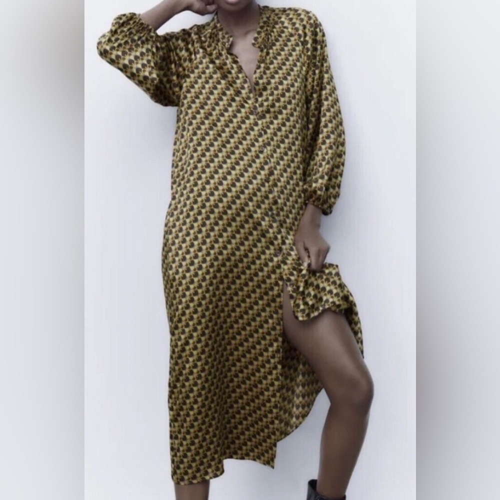 NWT Zara Geometric Midi Shirt Dress Multicolored Sz S